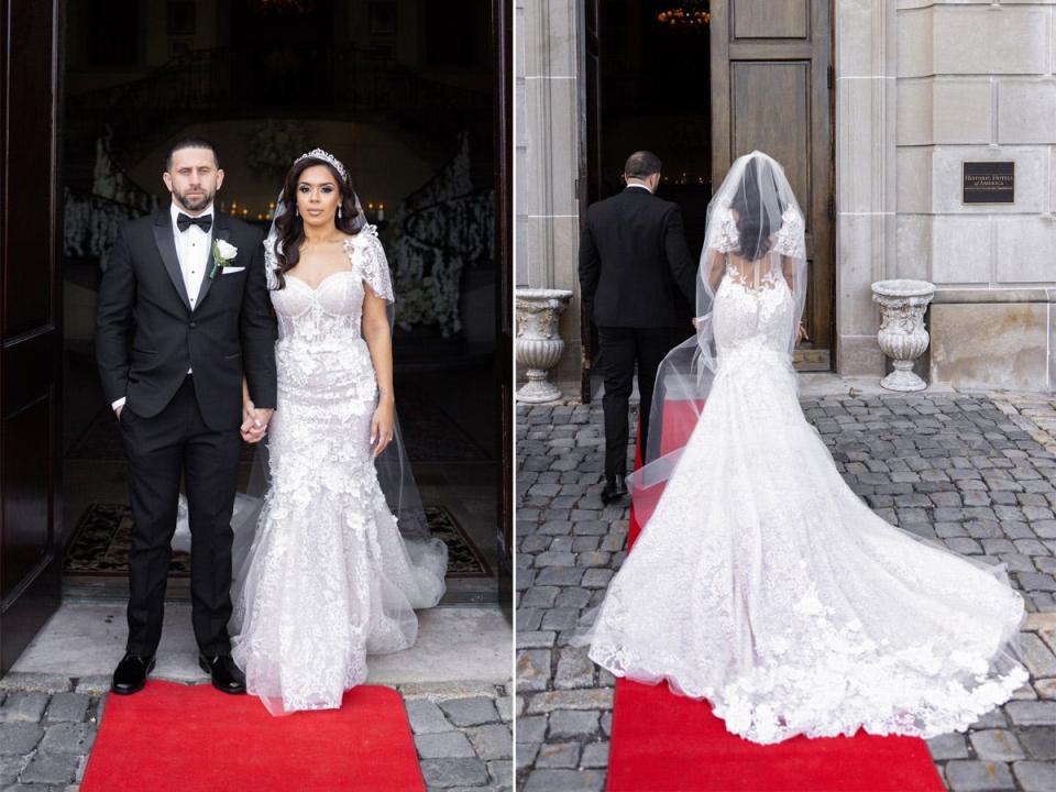 A front and back view of Vishnell's dress outside