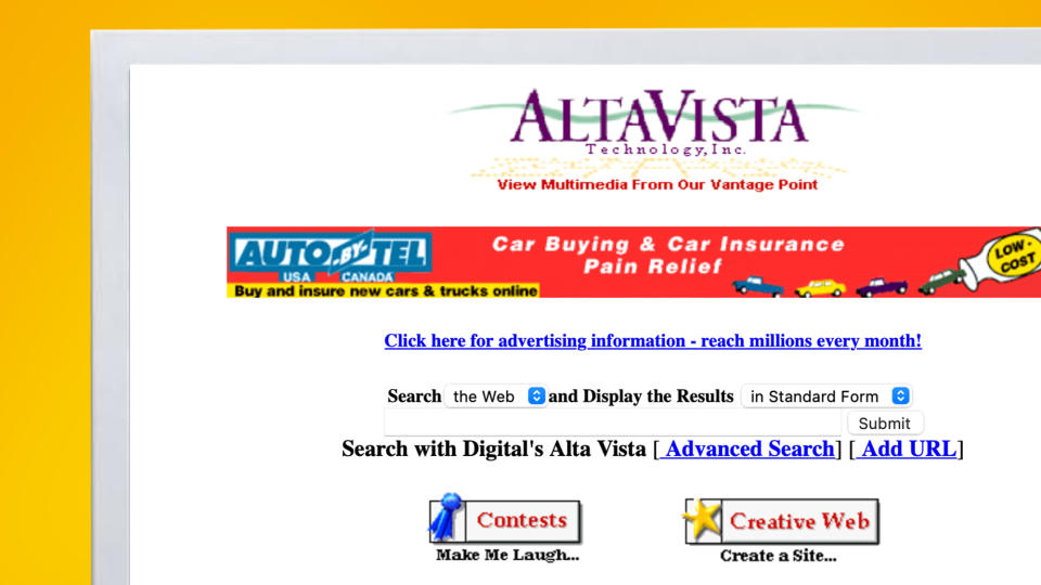 A monitor showing the Altavista website in 1996