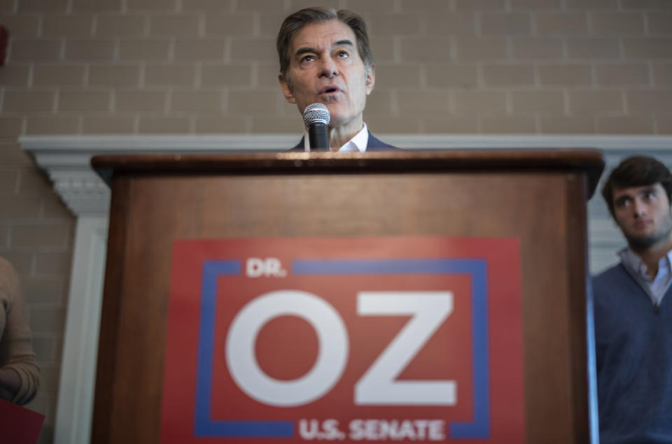 FILE - Mehmet Oz, a Republican candidate for U.S. Senate in Pennsylvania, speaks during a campaign event in Malvern, Pa., Saturday, Oct. 15, 2022. (AP Photo/Laurence Kesterson, File)