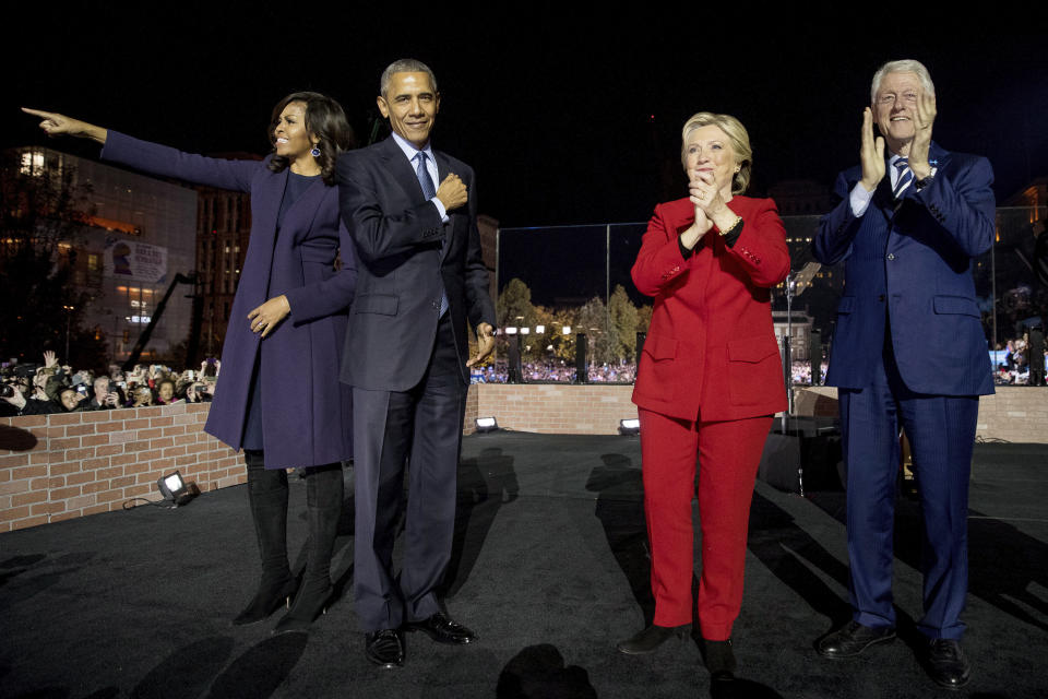 Hillary Clinton with Michelle Obama, then-President Barack Obama and former President Bill Clinton in Philadelphia on Nov. 7, 2016. (Photo: Andrew Harnik/AP)