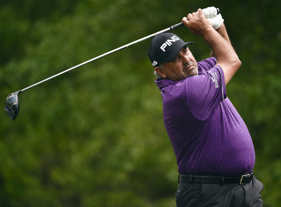 FILE - Angel Cabrera hits his tee shot on the second hole during the third round of the Houston Open golf tournament on April 1, 2017, in Humble, Texas. Argentine golfer Cabrera was released from jail on parole on Friday, Aug. 5, 2023, after he completed two years in custody over gender violence cases against two of his ex-girlfriends. (AP Photo/Eric Christian Smith, File)