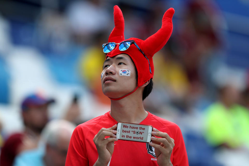 <p>A South Korean takes in his surroundings at the Nizhny Novgorod Staduim before kick off. (Reuters) </p>