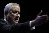 Benny Gantz, Blue and White party leader, speaks during an election campaign event of his Blue and White party in Haifa , Israel, Tuesday, Feb. 11, 2020. (AP Photo/Sebastian Scheiner)