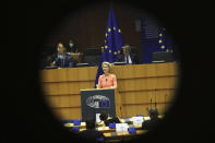 European Commission President Ursula von der Leyen addresses the plenary during her first State of the Union speech at the European Parliament in Brussels, Wednesday, Sept. 16, 2020. European Commission President Ursula von der Leyen will set out her vision of the future in her first State of the European Union address to the EU legislators. Weakened by the COVID-19 pandemic and the departure of the United Kingdom, she will center her speech on how the bloc should adapt to the challenges of the future, including global warming, the switch to a digital economy and immigration. (AP Photo, Francisco Seco)