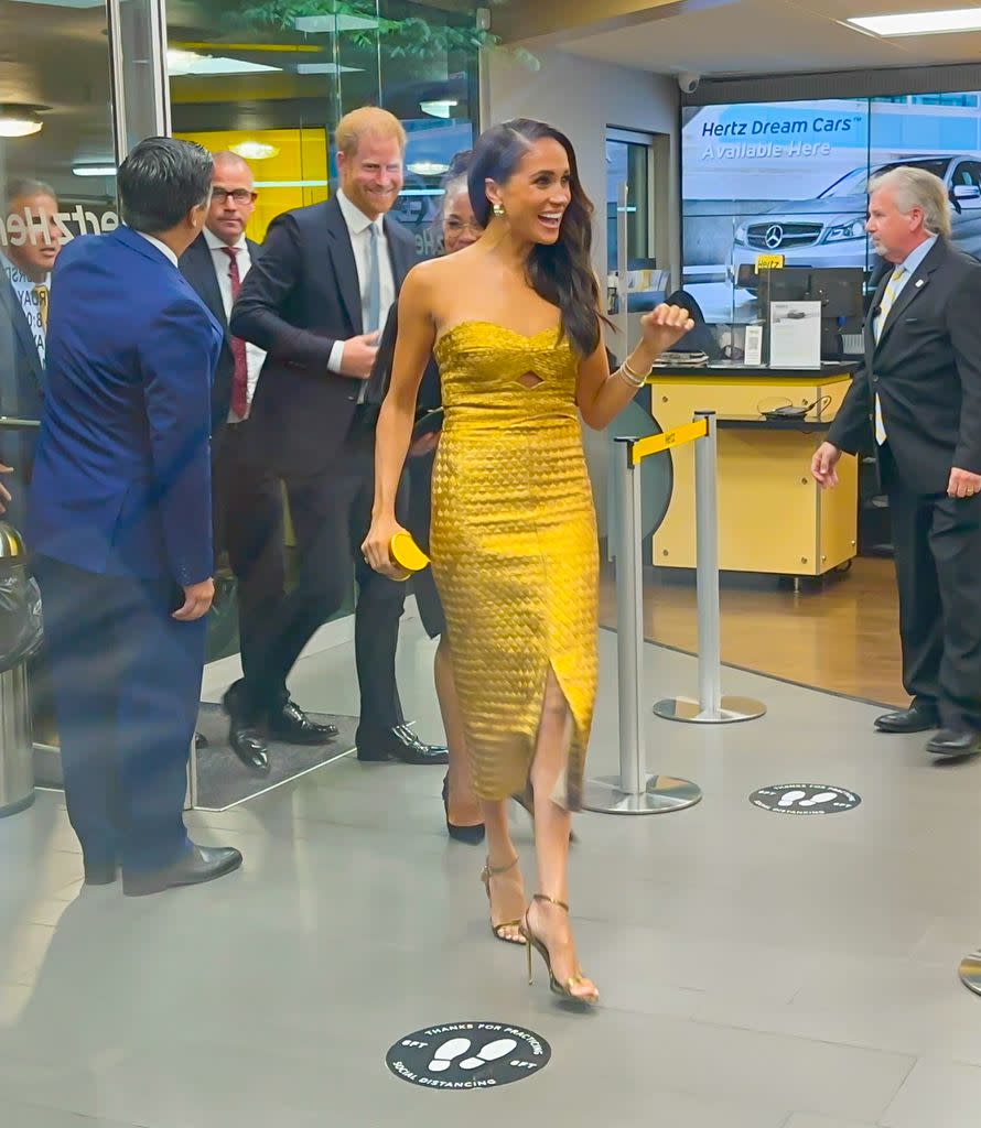 Prince Harry, Duke of Sussex, Doria Ragland and Meghan Markle, Duchess of Sussex, are seen arriving to the "Woman Of Vision Awards" on May 16, 2023 in New York City. (Photo by Raymond Hall/GC Images)