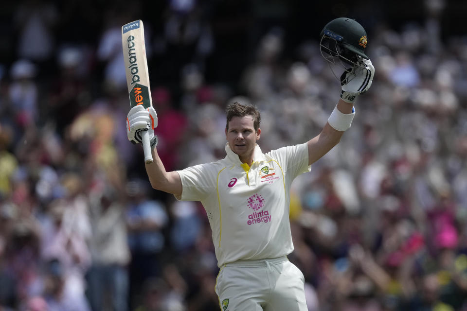 Australia's Steve Smith celebrates making 100 runs against South Africa during the second day of their cricket test match at the Sydney Cricket Ground in Sydney, Thursday, Jan. 5, 2023. (AP Photo/Rick Rycroft)