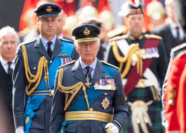 King Charles III and Prince William, Prince of Wales during the procession of the coffin of Britain's Queen Elizabeth. (Photo: Mark Cuthbert via Getty Images)