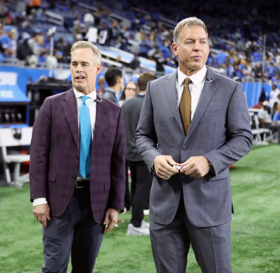 ESPN/ABC Monday Night Football commentators Joe Buck, left, and Troy Aikman.