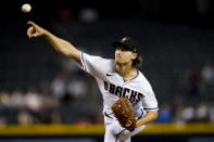 Arizona Diamondbacks starting pitcher Luke Weaver throws against the Atlanta Braves during the first inning of a baseball game, Tuesday, Sept. 21, 2021, in Phoenix. (AP Photo/Matt York)