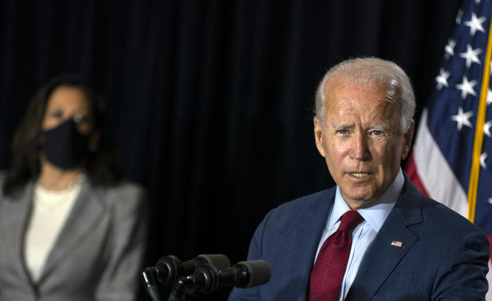 Democratic presidential candidate former Vice President Joe Biden joined by his running mate Sen. Kamala Harris, D-Calif., speaks at the Hotel DuPont in Wilmington, Del., Thursday, Aug. 13, 2020. (AP Photo/Carolyn Kaster)