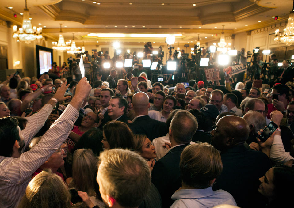 Senator Ted Cruz greets the crowd after fending off Representative Beto O’Rourke’s challenge