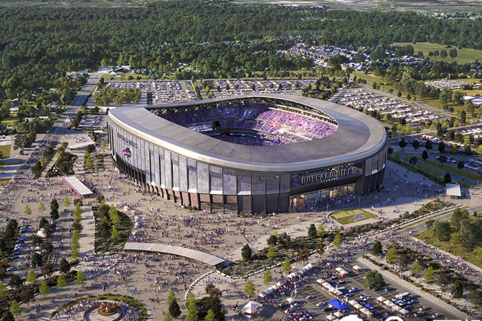This artist rendering, provided by the National Football League Buffalo Bills, Thursday, March 2, 2023, shows the team's proposed new stadium in Orchard Park, N.Y. Kimberly Sass has traded in her goal crease for a construction hat and football. The former goalie, who won a National Women's Hockey League championship with the Metropolitan Riveters in 2018, has been hired on as project manager in overseeing the building of the Buffalo Bills new stadium. (Courtesy of Buffalo Bills via Populous, via AP)
