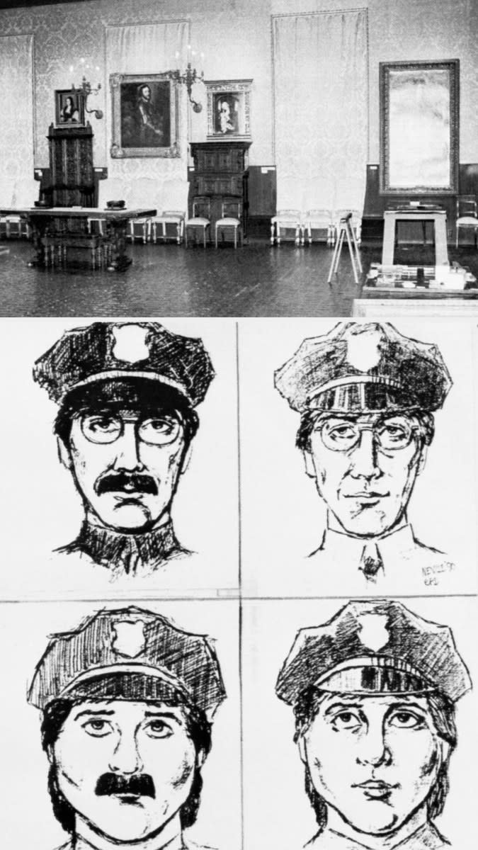 Top: An inside room of a museum where paintings line the walls beside stools and tables as an empty painting frame sits on a nearby table Bottom: A police sketch of four men wearing police hats