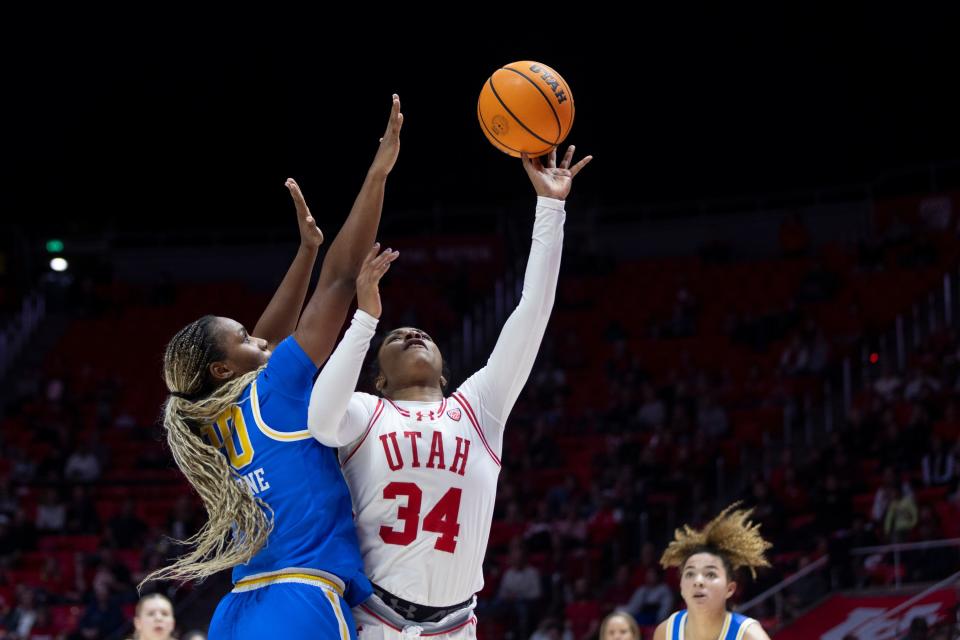 Utah Utes forward, Dasia Young (34) jumps for a basket during a game against the UCLA Bruins at the Huntsman Center in Salt Lake City on Jan. 22, 2024. The Utes won during overtime 94-81. | Marielle Scott, Deseret News