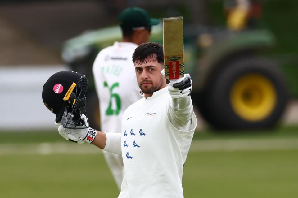 Tom Haines celebrates his century at Leicester <i>(Image: John Mallett)</i>