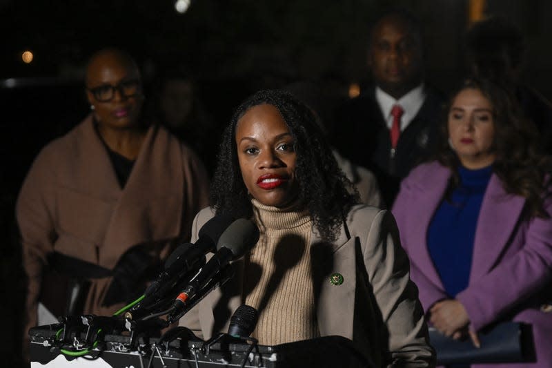 WASHINGTON DC, UNITED STATES - NOVEMBER 13: United States Representative Rashida Tlaib, Representative Alexandria Ocasio-Cortez, United States Representative Ilhan Omar, Representative Cori Bush, Representative Jonathan Jackson, Representative Nydia M. Velazquez, United States Representative Jamaal Bowman, and Representative Summer Lee (seen) hold a press conference with Rabbis in front of the US Capitol to call for a ceasefire and end to the Israeli attacks on Gaza in Washington DC, United States on November 13, 2023.