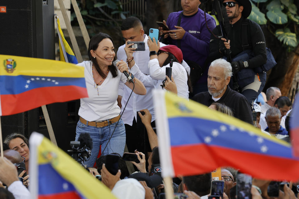 FILE - Opposition coalition presidential hopeful Maria Corina Machado speaks to supporters at a campaign event in Caracas, Venezuela, Jan. 23, 2024. Machado has been sidelined from running in the upcoming presidential election by the Nicolas Maduro government. (AP Photo/Jesus Vargas, File)