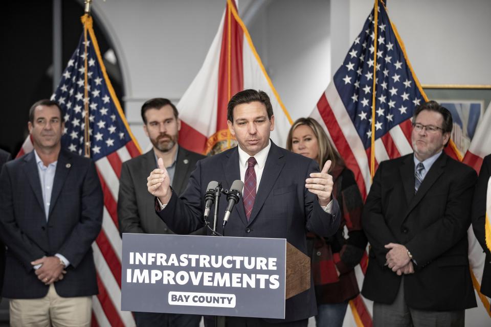 Gov. Ron DeSantis announces a release of funds for Hurricane Michael recovery to Panama City at a press conference Thursday at City Hall.