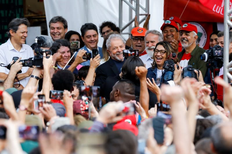 Former Brazilian President Luiz Inacio Lula da Silva delivers a speech after being released from prison, in Curitiba