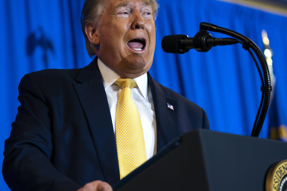 President Donald Trump delivers the commencement address at the "Hope for Prisoners" graduation ceremony, Thursday, Feb. 20, 2020, in Las Vegas. (AP Photo/Evan Vucci)