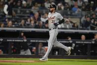 Detroit Tigers' Riley Greene (31) heads to home plate to score on a bases loaded walk of Colt Keith during the sixth inning of a baseball game against the New York Yankees, Friday, May 3, 2024, in New York. (AP Photo/Frank Franklin II)