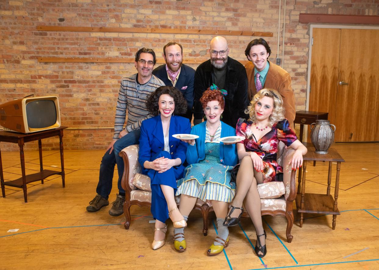 Skylight Music Theatre artistic director Michael Unger, back left, poses with "Noises Off!" cast members on a recent rehearsal day.