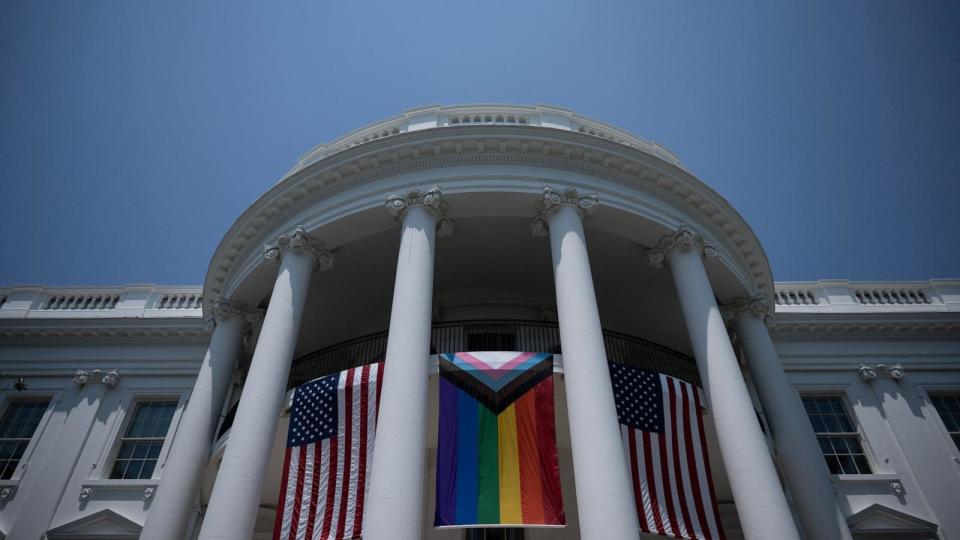 A Pride flag is displayed during a Pride celebration on the South Lawn of the White House in Washington, DC, on June 10, 2023. (Photo by Brendan Smialowski / AFP via Getty Images) (Brendan Smialowski/AFP via Getty Images)