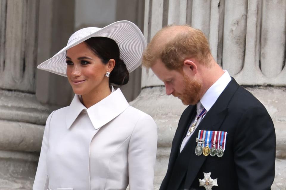 <div class="inline-image__caption"><p>Meghan and Harry depart St. Paul's Cathedral after the Queen Elizabeth II Platinum Jubilee 2022.</p></div> <div class="inline-image__credit">Neil Mockford/Getty</div>