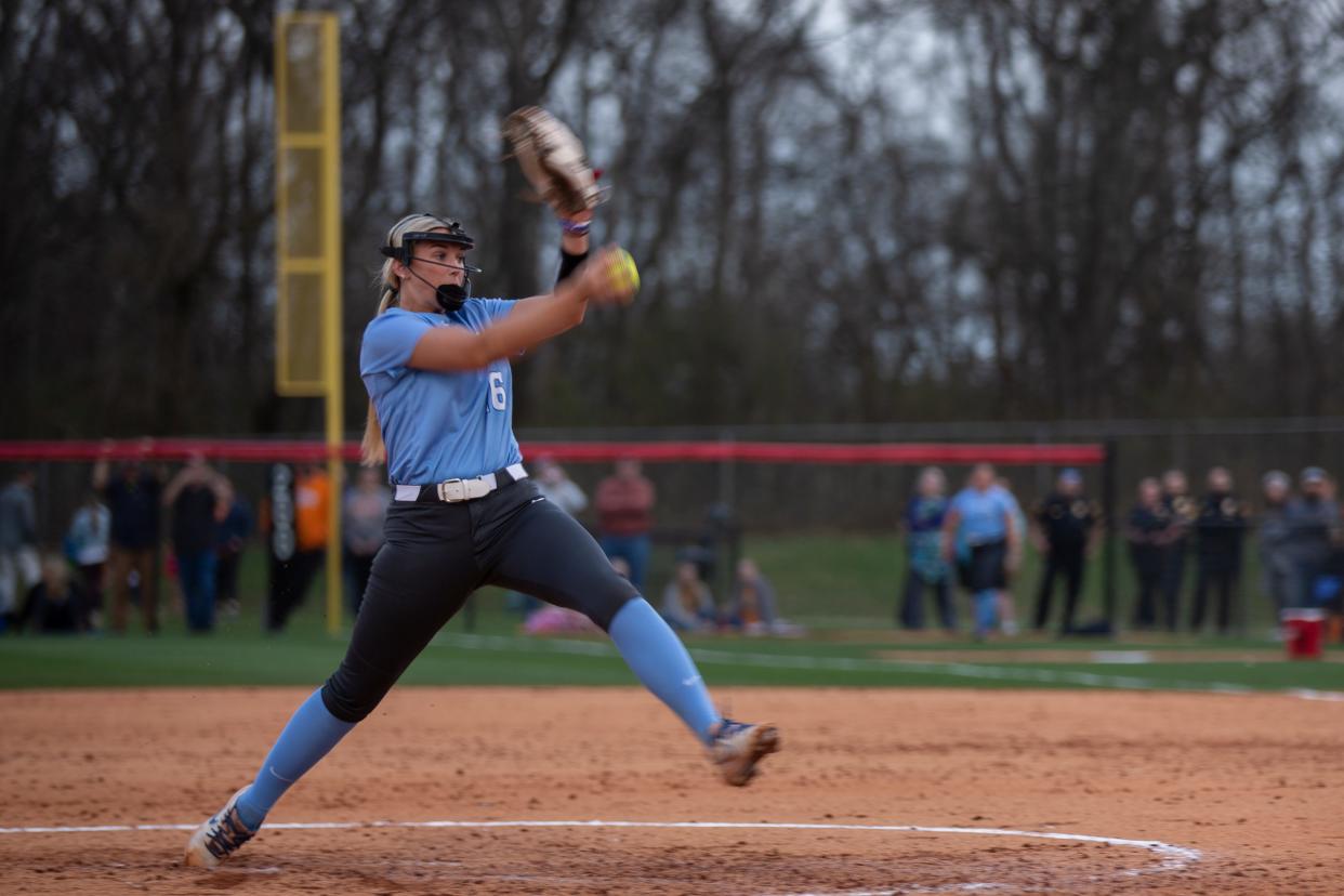 University of Memphis pitcher Kelsey Frizzell plays in the Midstate Classic at Ridley Sports Complex in Columbia, Tenn., on Tuesday, March 15, 2022.