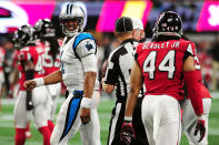 <p>Cam Newton #1 of the Carolina Panthers reacts to a play during the second half against the Atlanta Falcons at Mercedes-Benz Stadium on December 31, 2017 in Atlanta, Georgia. (Photo by Scott Cunningham/Getty Images) </p>