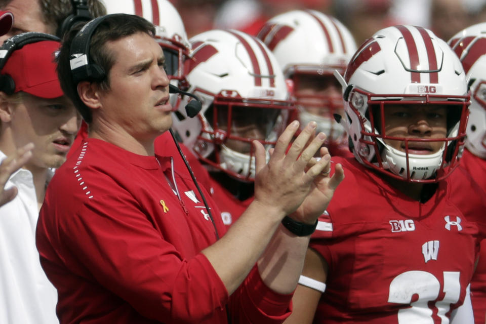 FILE - In this Sept. 8, 2018, file photo, Wisconsin defensive coordinator Jim Leonhard watches during the first half of an NCAA college football game against New Mexico in Madison, Wis. Wisconsin traditionally wins games primarily because of its running game and defense. Now that Jonathan Taylor has moved on to the NFL, that would seem to put more pressure on the defense to carry the load as the Badgers’ offense adjusts to life without the two-time Doak Walker Award winner. The defense looks forward to that challenge. (AP Photo/Morry Gash, File)