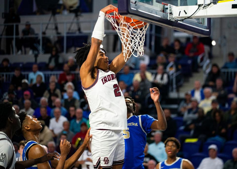 Don Bosco Prep Ironmen guard Dylan Harper (2) dunks the ball during the third quarter of a game against the McEachern Indians during the 50th annual City of Palms Classic at Suncoast Credit Union Arena in Fort Myers on Tuesday, Dec. 19, 2023.