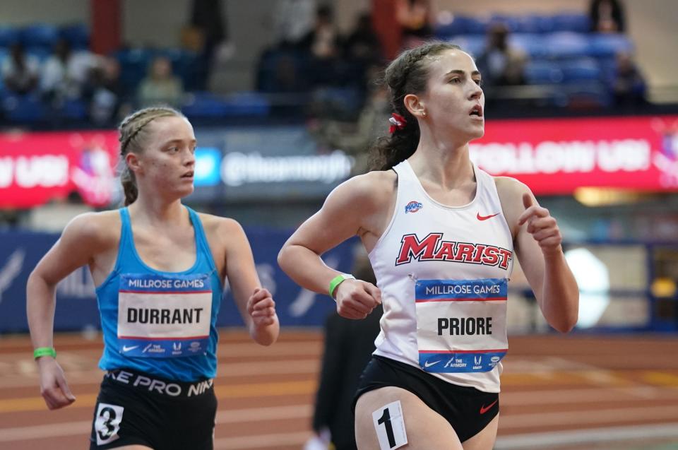 Mia Priore competes in the USATF Women's Mile Racewalk at the 115th Millrose Games at The Armory in New York on Saturday, February 11, 2023. Priore ran a 7:45.95 time.