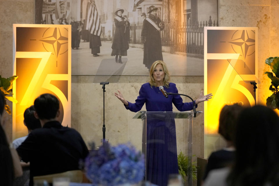 First lady Jill Biden speaks at the Smithsonian's National Museum of American History in Washington, Wednesday, July 10, 2024, during an event with spouses of NATO leaders as part of the NATO Summit. (AP Photo/Susan Walsh)