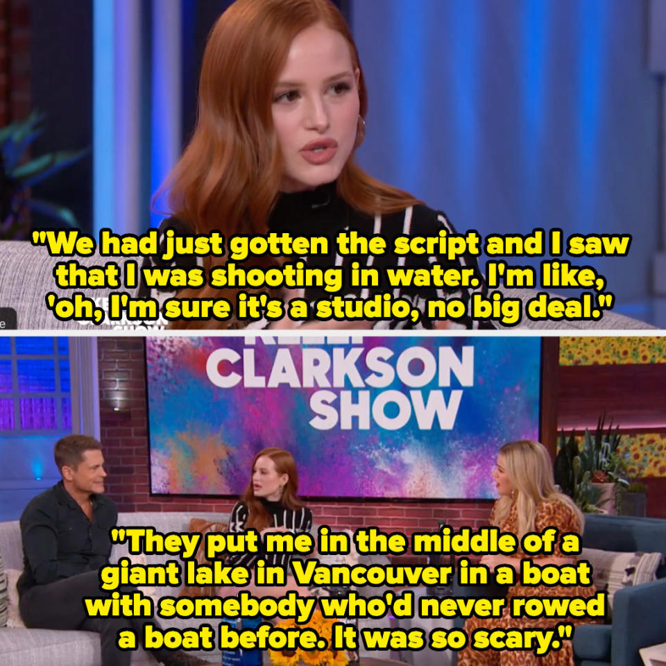 "We had just gotten the script and I saw that I was shooting in water. I'm like, 'oh, I'm sure it's a studio, no big deal. They put me in the middle of a giant lake in Vancouver in a boat with somebody who'd never rowed a boat before. It was so scary"