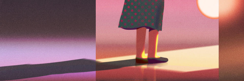 Illustration of a female-presenting persons legs in ballet flats and a floral dress. (Ibrahim Rayintakath for NBC News)