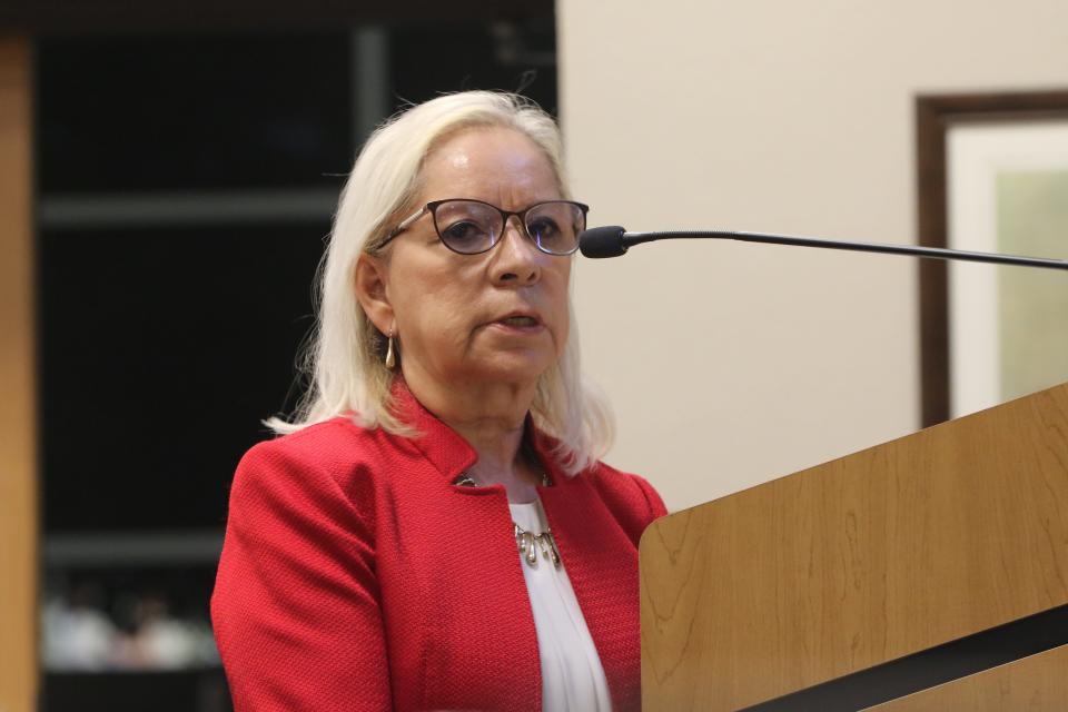 Carlsbad City Attorney Denise Madrid Boyea questions a witness during a hearing on Christopher Cordova's appeal of his firing from the Carlsbad Municipal Golf Course, April 10, 2024 at the Janel Whitlock Municipal Annex in Carlsbad.