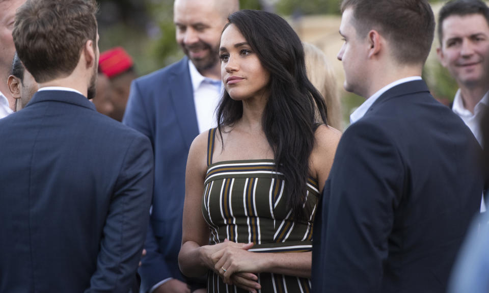 CAPE TOWN, SOUTH AFRICA - SEPTEMBER 24: Meghan Markle during The Duke and Duchess Youth Reception at the British High Commissioner?s Residence at Bishopscourt on September 24, 2019 in Cape Town, South Africa. The Duke and Duchess met a cross-section of inspiring opinion-formers and young future leaders - underlining the rich and diverse nature of the UK?s modern partnership with South Africa. (Photo by Brenton Geach/Gallo Images via Getty Images)