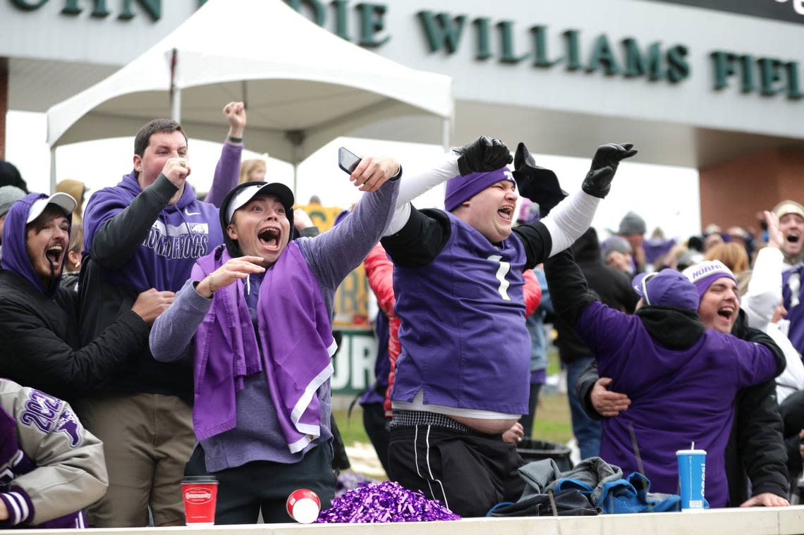 TCU fans react to a field goal in the last minute of their game against Baylor at McLane Stadium in Waco on Saturday, Nov. 19, 2022. The Horned Frogs won 29-28 against the Bears.