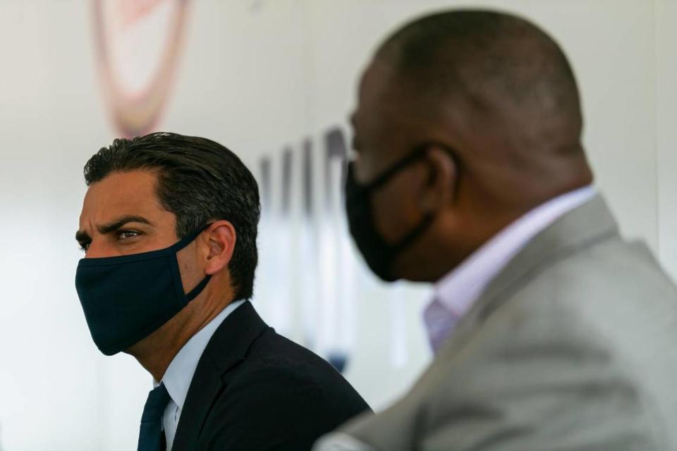 Miami Mayor Francis Suarez attends a press conference in Miami’s Overtown neighborhood on Tuesday, March 2, 2021. Officials celebrated the opening of a new state operated walk-up COVID-19 vaccination site.