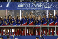 United States players celebrate their win over Canada during the SheBelieves Cup women's soccer match Tuesday, April 9, 2024, in Columbus, Ohio. (AP Photo/Jay LaPrete)