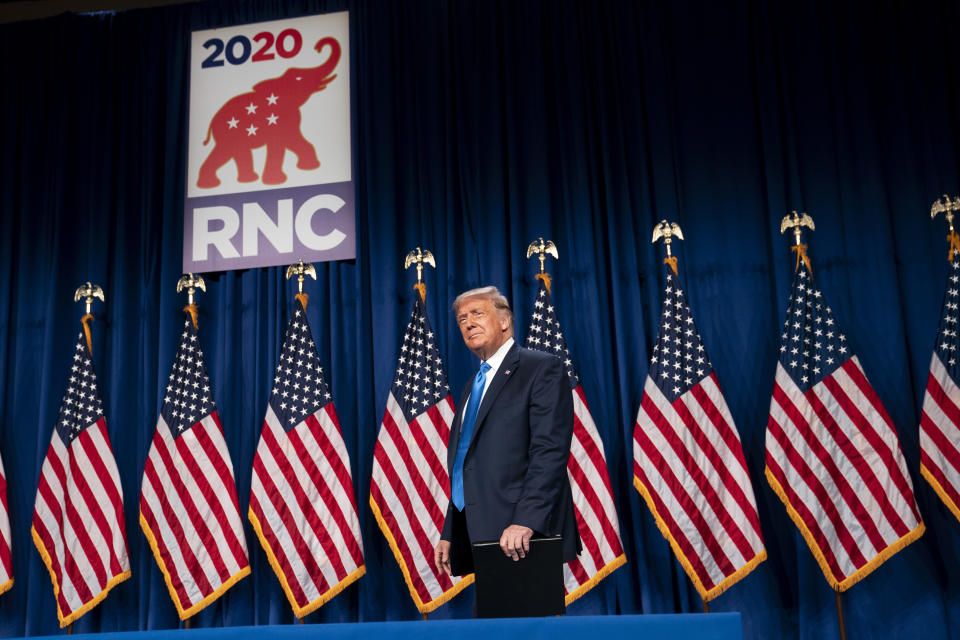 El presidente Donald Trump en el escenario de la Convención Nacional Republicana en Charlotte, Carolina del Norte, el 24 de agosto de 2020. (Doug Mills/The New York Times)
