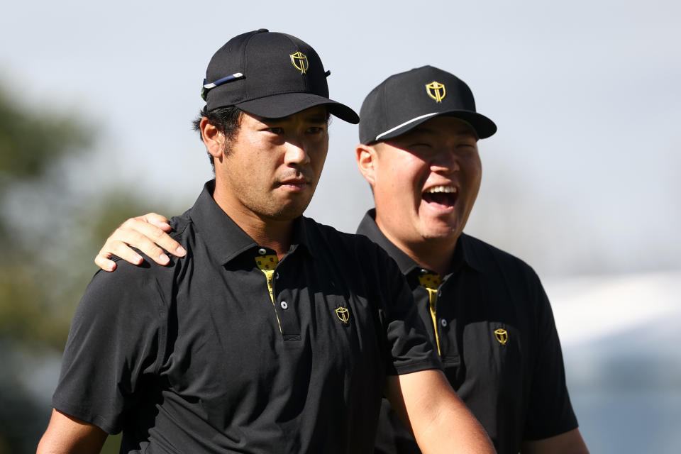 MONTREAL, QUEBEC - SEPTEMBER 27: Hideki Matsuyama of Japan and Sungjae Im of South Korea and the international team look on from the tenth green during the Friday Foursomes on day two of the 2024 Presidents Cup at the Royal Montreal Golf Club on September 27, 2024 in Montreal, Quebec , Canada. (Photo by Jared C. Tilton/Getty Images)