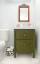 <p>If your bathroom has a pedestal sink (read: zero storage) ditch it for an <a rel="nofollow noopener" href="http://www.housebeautiful.com/lifestyle/organizing-tips/g2784/ikea-bathroom-hacks/?slide=4" target="_blank" data-ylk="slk:IKEA vanity;elm:context_link;itc:0;sec:content-canvas" class="link ">IKEA vanity</a> instead. This one features two different deep drawers and - thanks to a coat of green paint - looks totally unique.</p><p><em><a rel="nofollow noopener" href="http://www.thegoldensycamore.com/2014/08/ikea-bathroom-vanity-update.html" target="_blank" data-ylk="slk:See more at The Golden Sycamore »;elm:context_link;itc:0;sec:content-canvas" class="link ">See more at The Golden Sycamore »</a></em></p>