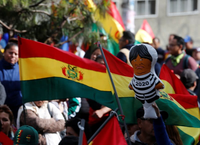 A balloon depicting Bolivia's President Evo Morales is seen during a rally attended by coca growers from Yungas region and supporters of Luis Fernando Camacho, a Santa Cruz civic leader and major opposition figure, in La Paz
