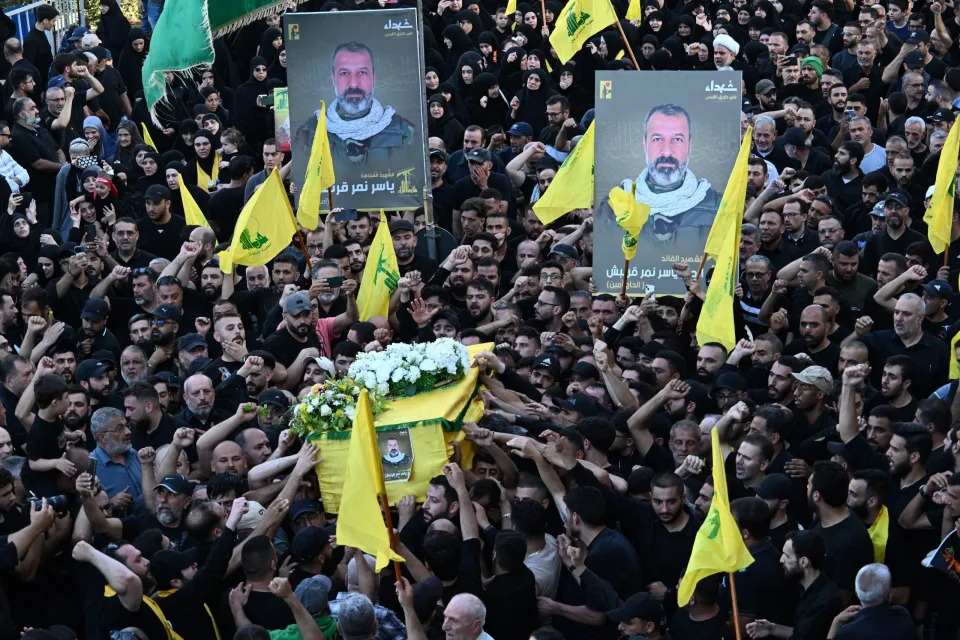 A funeral ceremony is held for Yasir Nemir Karnish, the former bodyguard of Hezbollah Secretary General Hassan Nasrallah, who was killed in clashes on the Israeli-Lebanese border in Beirut, Lebanon on July 10, 2024. Karnish's relatives and Hezbollah sympathizers attended the ceremony.