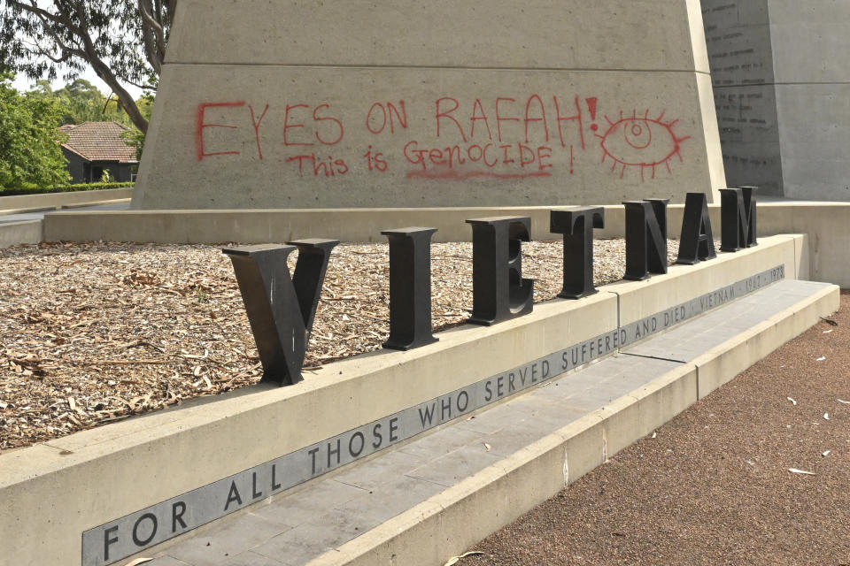 The Vietnam War Memorial in Canberra, Australia is spray-painted with graffiti, March 11, 2024. Australian government named a special envoy Tuesday, July 9, 2024 to confront a rise in antisemitism across the country since the Israel-Hamas war began. A similar envoy will soon be appointed to challenge Islamophobia in Australia and both will promote social cohesion, Prime Minister Anthony Albanese told reporters at the Sydney Jewish Museum.(Mick Tsikas/AAP Image via AP)