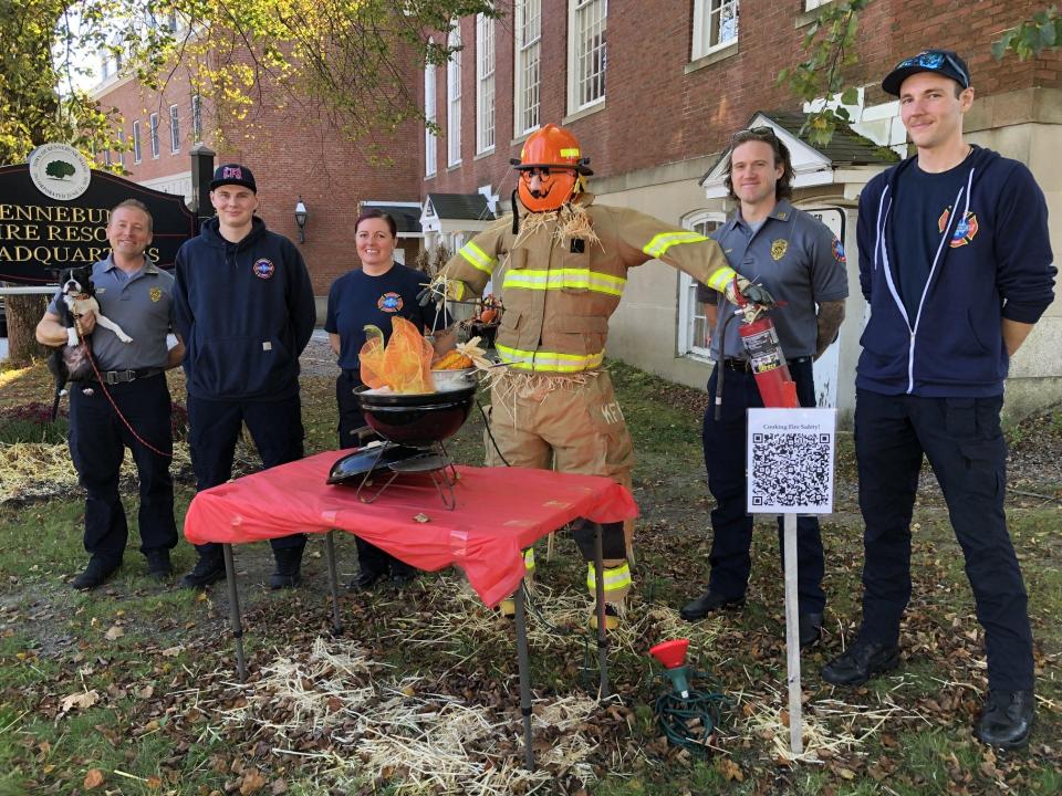 Kennebunk Fire Rescue has several new, full-time firefighters and paramedics. Seen here with Fire Chief Justin Cooper, left, and Cooper's dog, Lily, are four of them: Nathaniel Jewett, Denise Nessman, Deputy Chief Colin Ayer, and Matthew Dubois.