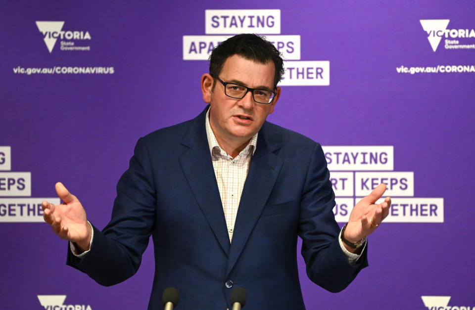 Victorian Premier Daniel Andrews looks on whilst speaking to the media on August 17, 2020 in Melbourne.