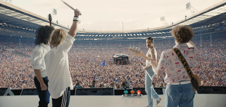 Gwilym Lee (Brian May), Ben Hardy (Roger Taylor), Rami Malek (Freddie Mercury) und Joe Mazzello (John Deacon) in „Bohemian Rhapsody“. (Bild: Twentieth Century Fox)